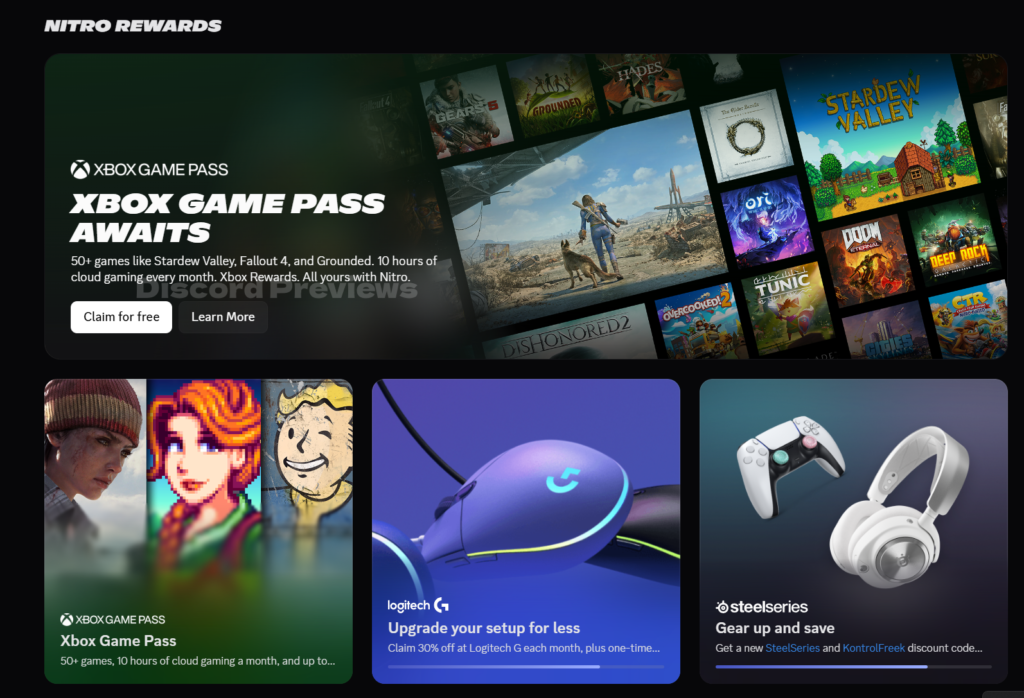 Discord Nitro Rewards page featuring Xbox Game Pass as a benefit.